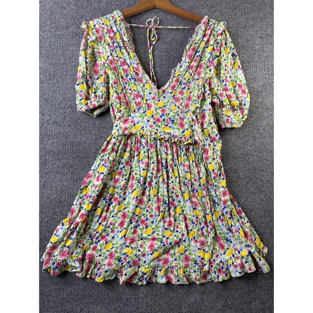 Olivaceous Lemon Floral Mini Dress M Side Tie Puff Sleeve Cottagecor